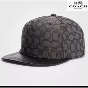COACH Signature Jacquard Flat Leather Brim Hat Charcoal/Black  Sz XS/S MSRP $128
